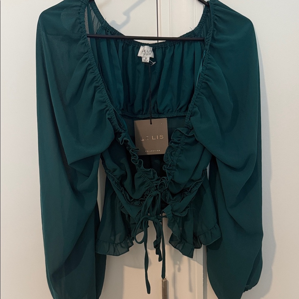 NWT Lelis Dark Teal Ruffle Tie-Front Blouse